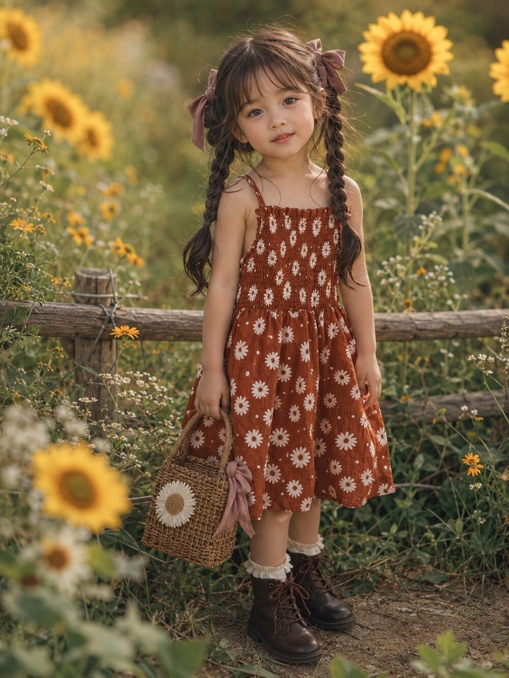 Autumn Abloom Cinnamon Daisies Gauzy Muslin Dress 5/6